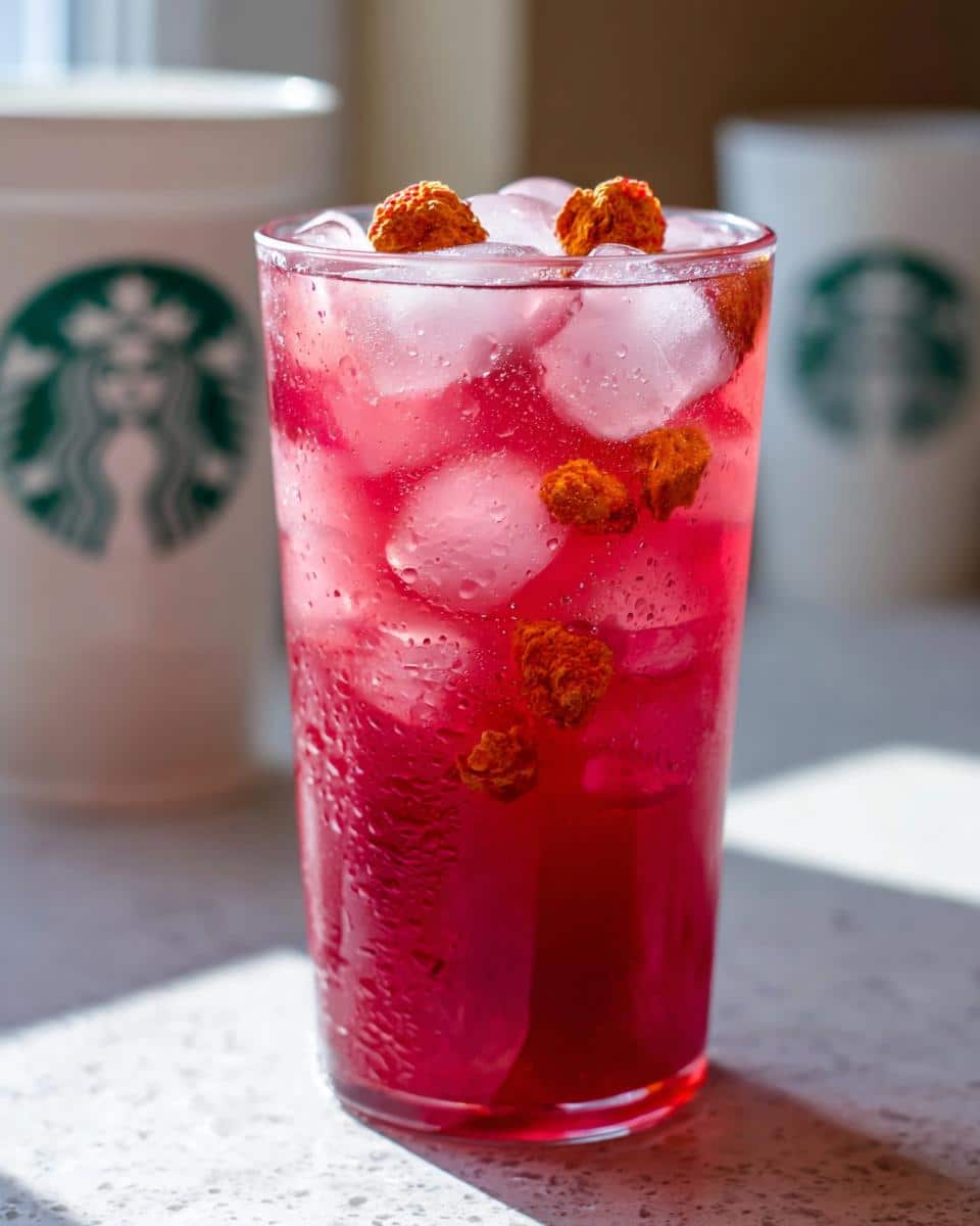 Close-up of a vibrant pink Strawberry Acai Refresher Copycat drink filled with ice and topped with dried berries.