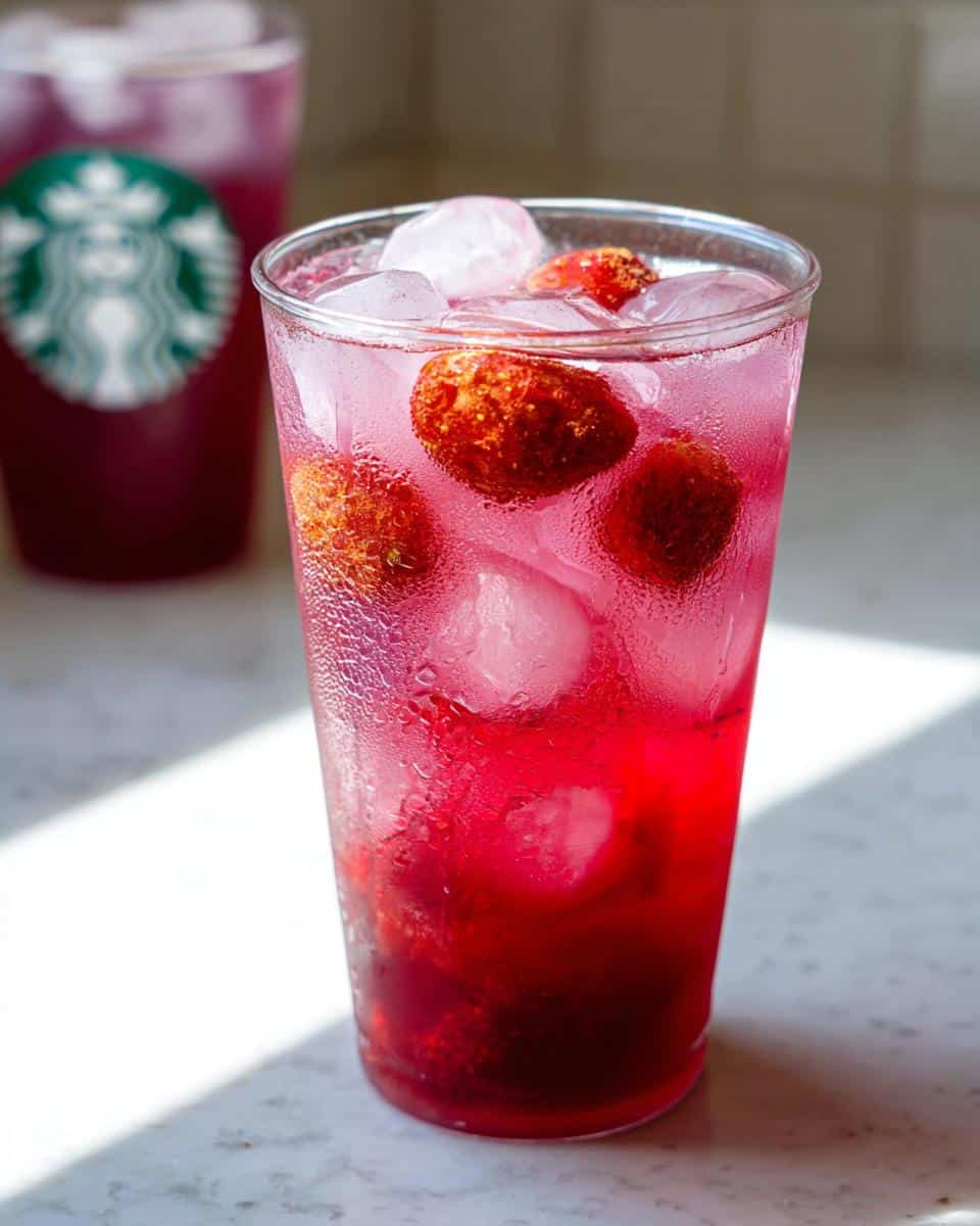 A refreshing, icy Strawberry Acai Refresher Copycat in a clear plastic cup with whole strawberries.