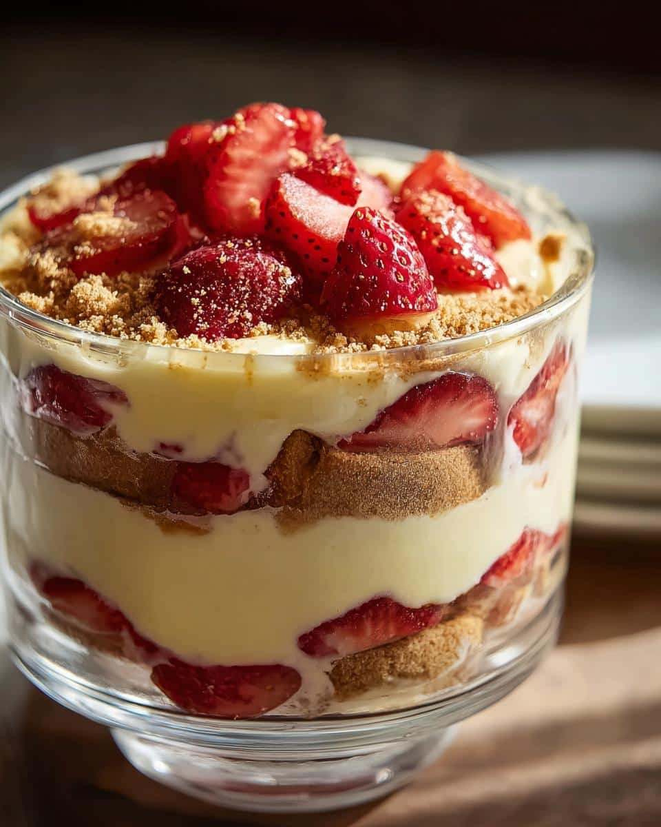 Close-up of a layered Strawberry Banana Pudding Dream in a glass cup, topped with fresh strawberries.