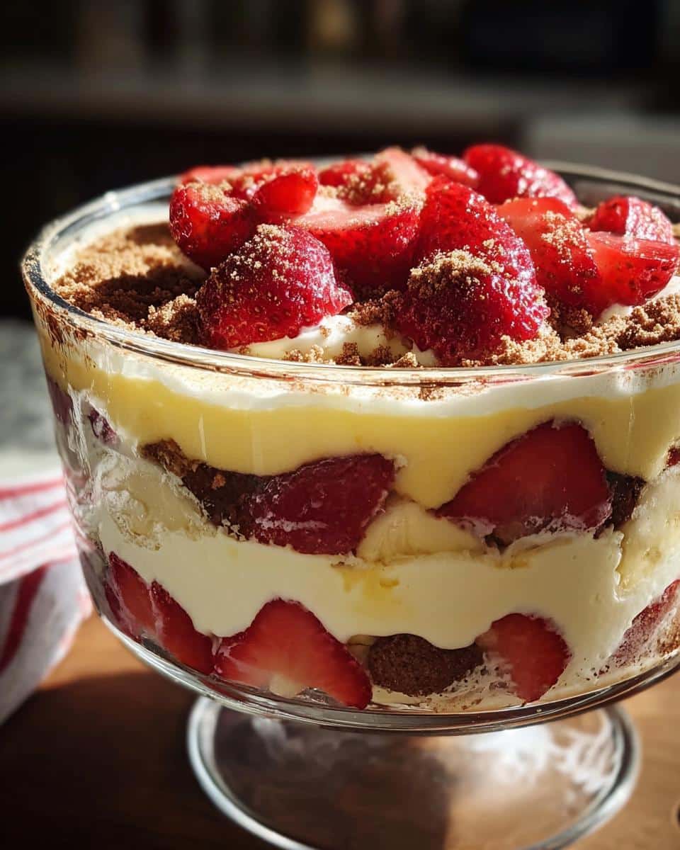 Layered Strawberry Banana Pudding Dream dessert in a glass trifle bowl, topped with fresh strawberries.