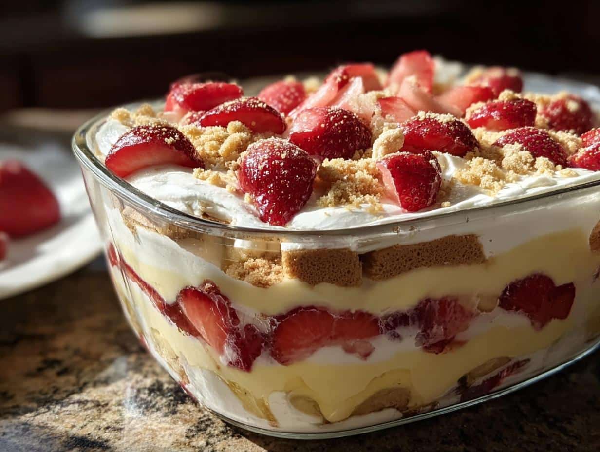 Layers of pudding, strawberries, and cookies in a glass bowl for Strawberry Banana Pudding Dream.