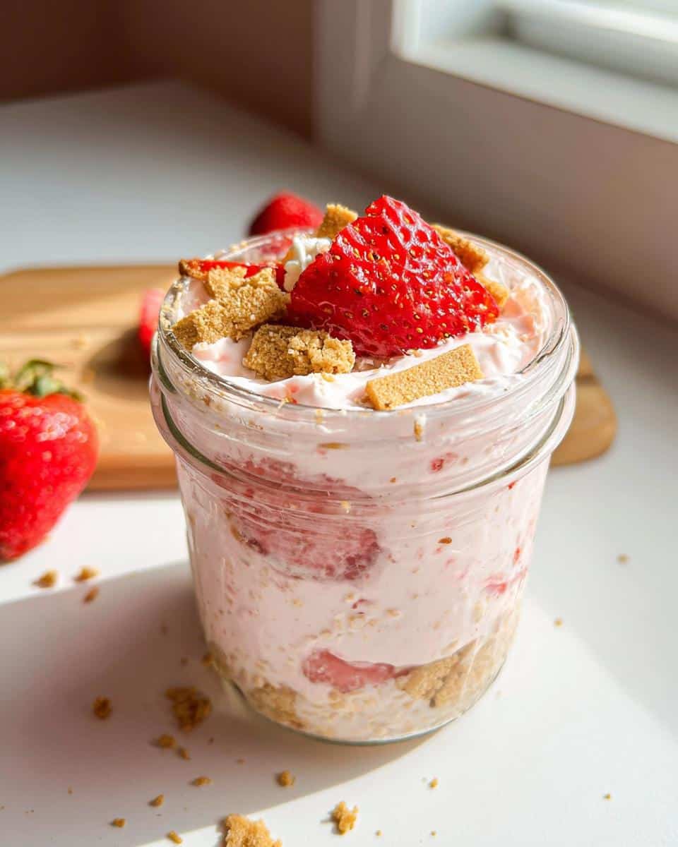 Close-up of Strawberry Cheesecake Overnight Oats topped with a fresh strawberry slice and graham cracker crumbs.