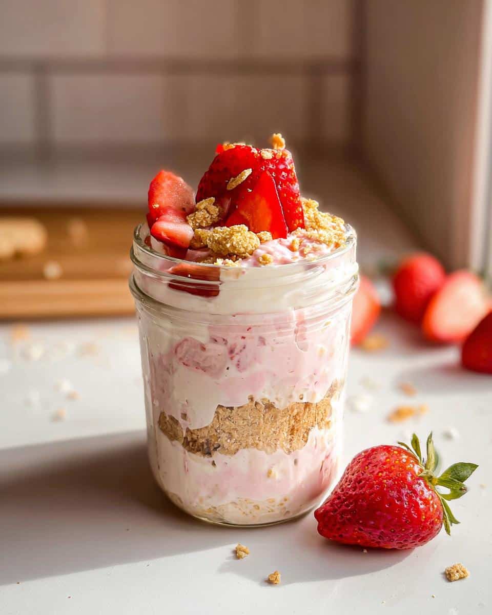 Close-up of Strawberry Cheesecake Overnight Oats layered in a jar, topped with fresh strawberries and crumbs.