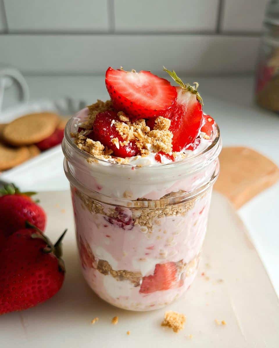 Close-up of Strawberry Cheesecake Overnight Oats layered in a mason jar, topped with fresh strawberries and crumble.