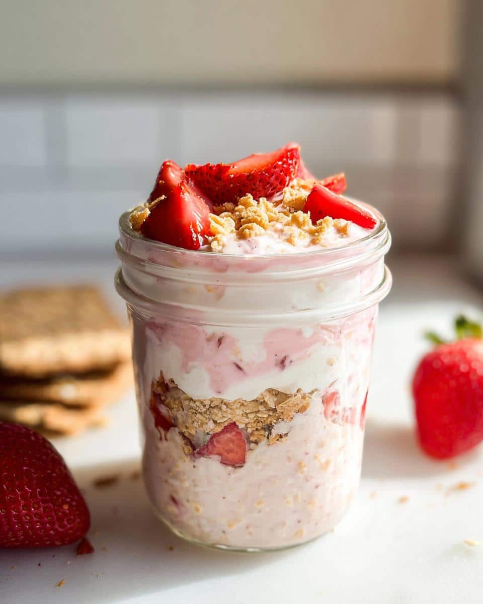 Layered Strawberry Cheesecake Overnight Oats topped with fresh strawberries and crumble in a glass jar.