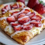A flaky pastry featuring Strawberry Cream Cheese Danish topped with sliced strawberries, cream cheese filling, and white icing drizzle.