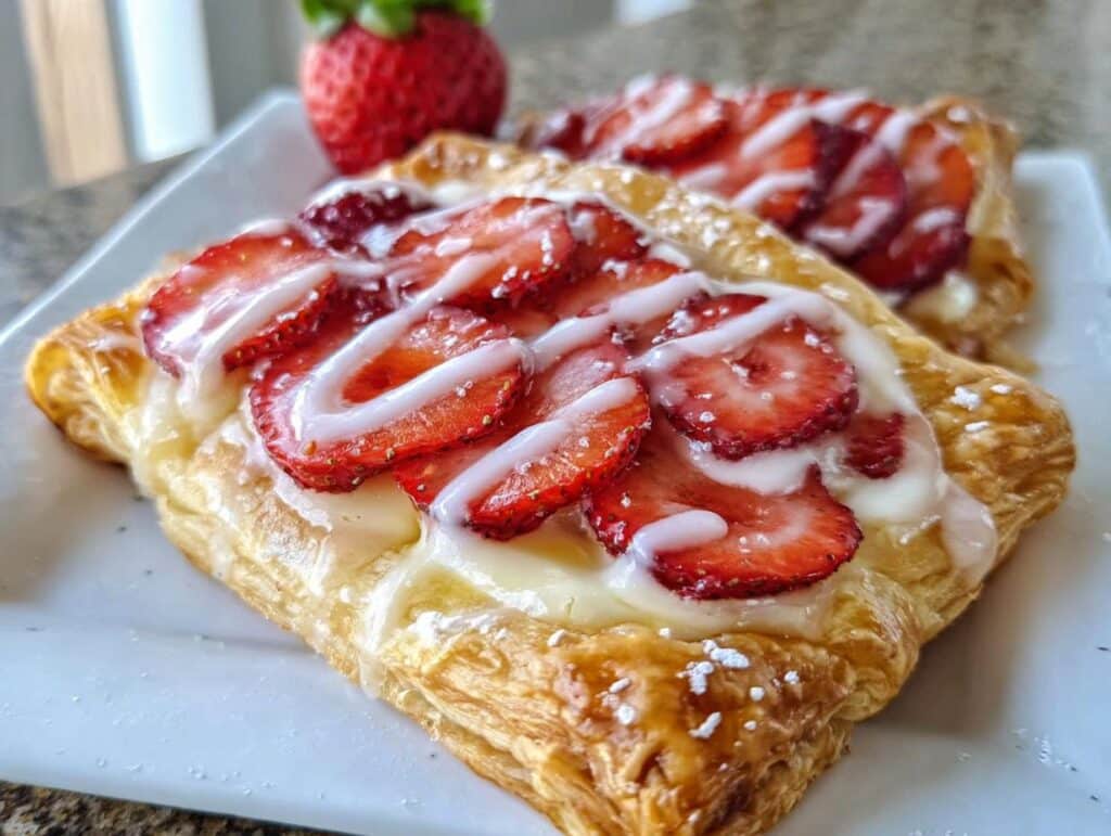 Close-up of a flaky Strawberry Cream Cheese Danish topped with sliced strawberries and white icing drizzle.