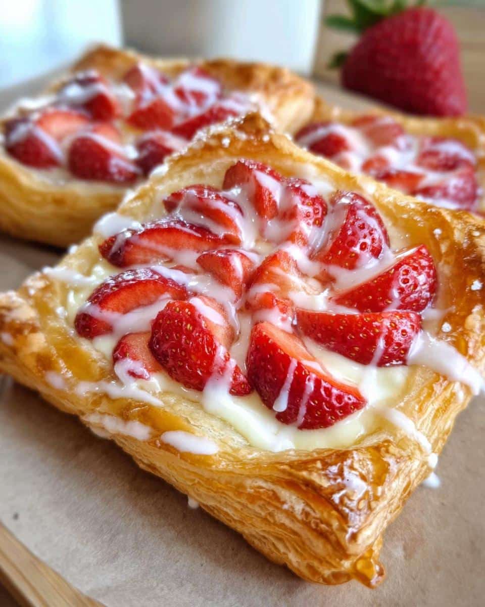 Close-up of a flaky Strawberry Cream Cheese Danish topped with sliced strawberries and white icing drizzle.