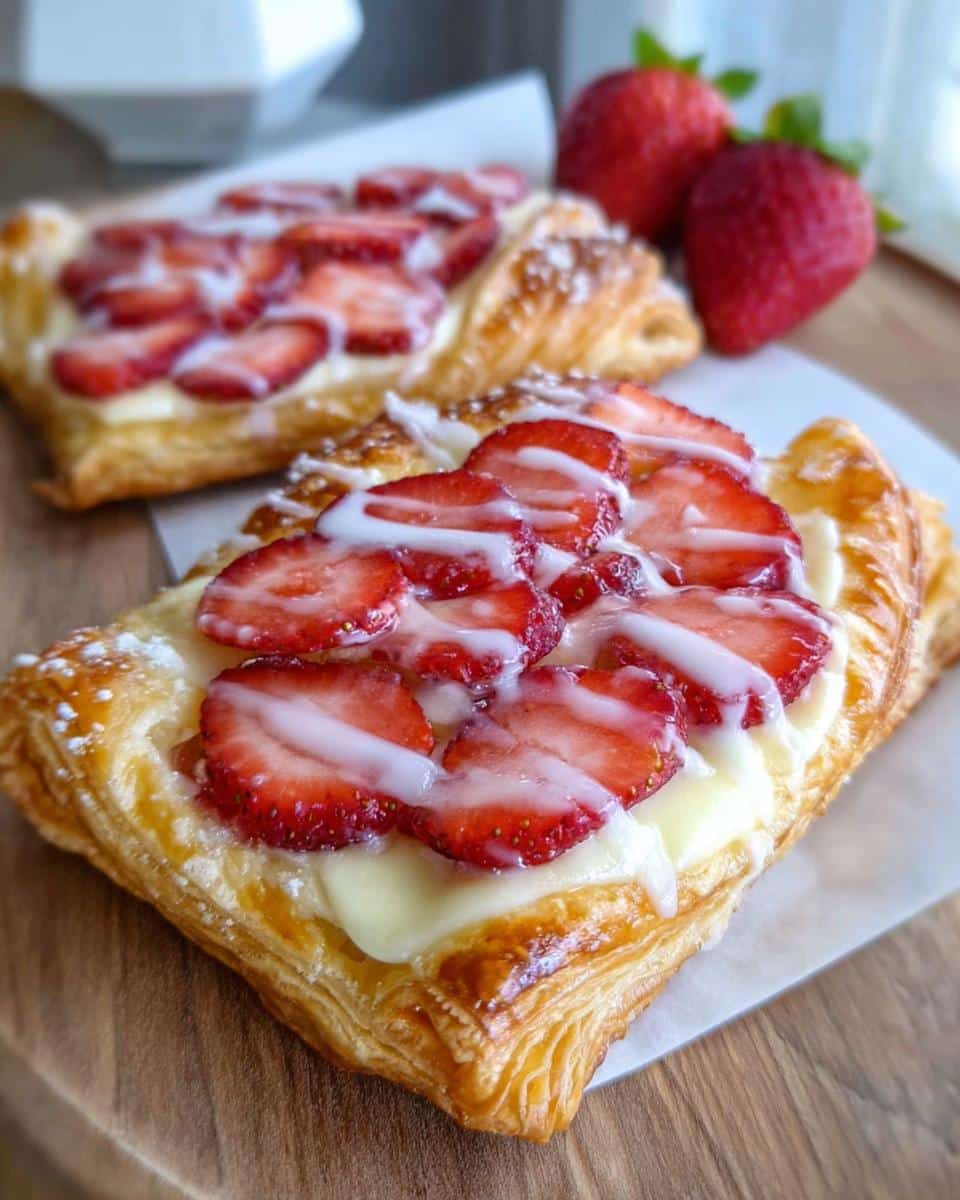 A flaky pastry topped with cream cheese, sliced strawberries, and white glaze, representing a Strawberry Cream Cheese Danish.