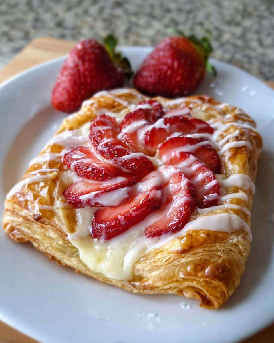 A flaky Strawberry Cream Cheese Danish topped with sliced strawberries, cream cheese filling, and white icing drizzle.