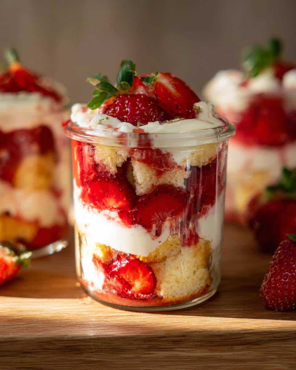 A layered Strawberry Shortcake Cups dessert served in a small glass jar, topped with fresh strawberries.