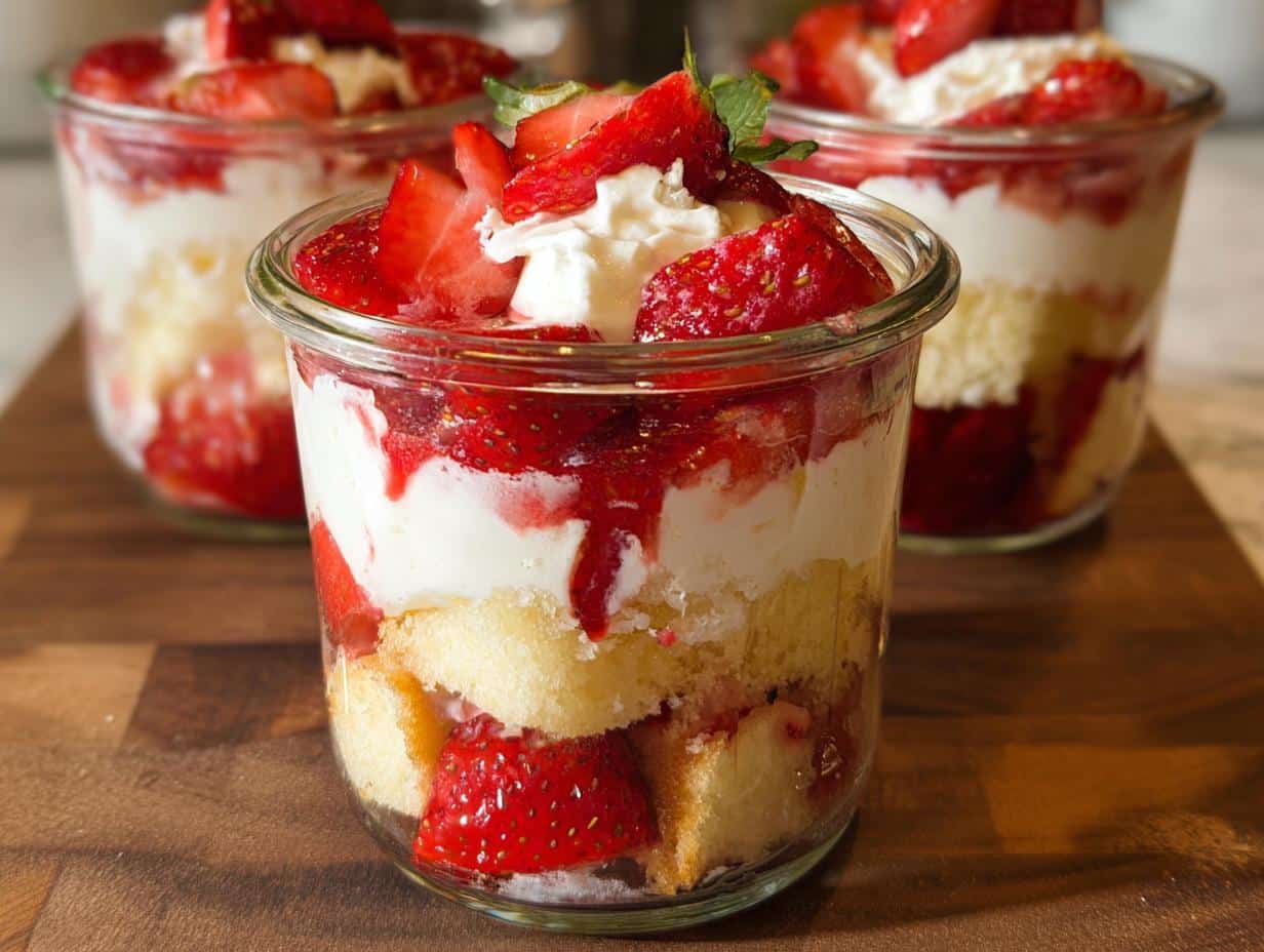 Three individual Strawberry Shortcake Cups layered with cake, cream, and fresh strawberries in glass jars.