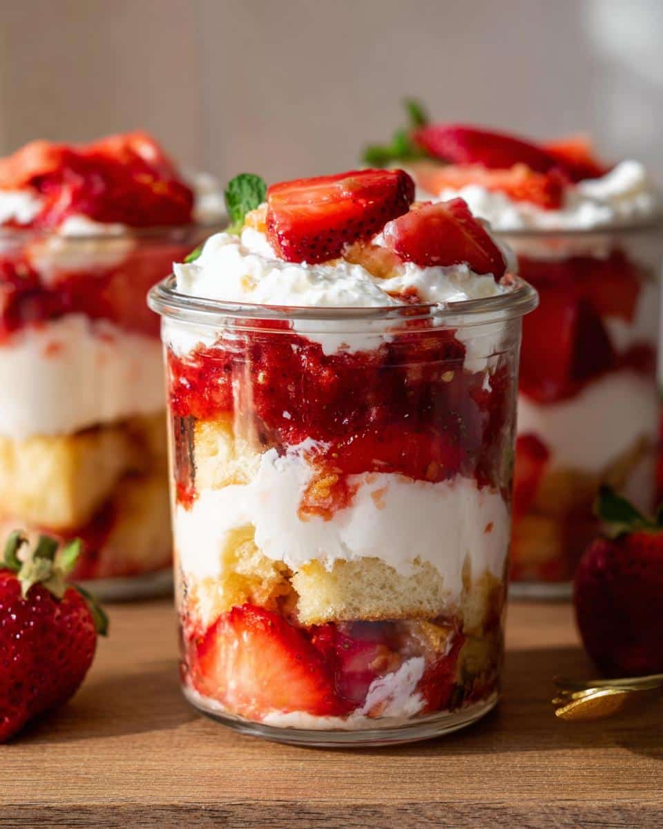 Close-up of individual Strawberry Shortcake Cups layered with cake, cream, and macerated strawberries, topped with fresh fruit.