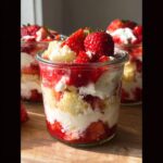 A close-up of delicious Strawberry Shortcake Cups layered with cake, whipped cream, and fresh strawberries in a glass jar.