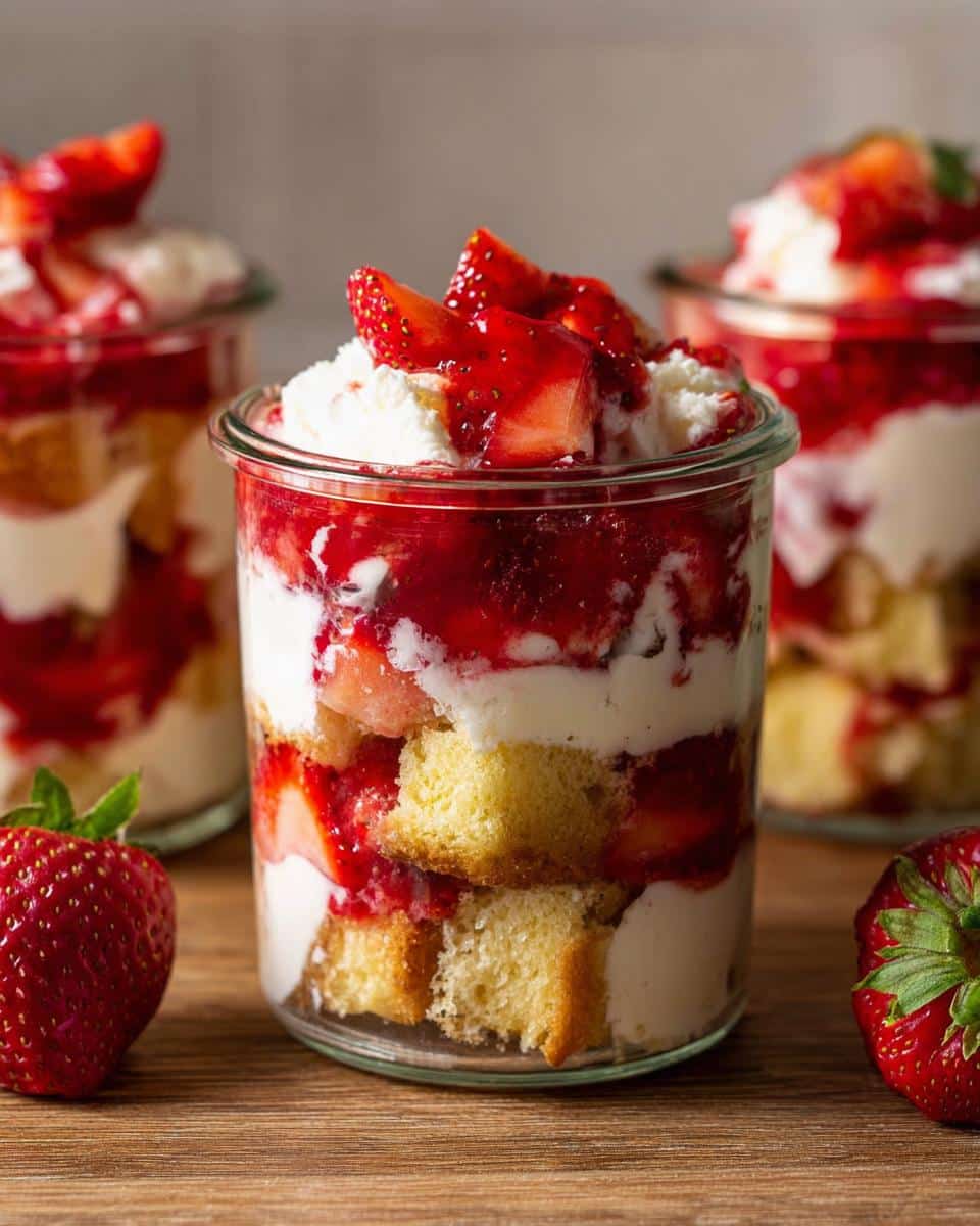 Close-up of Strawberry Shortcake Cups layered with cake, cream, and macerated strawberries in a glass jar.