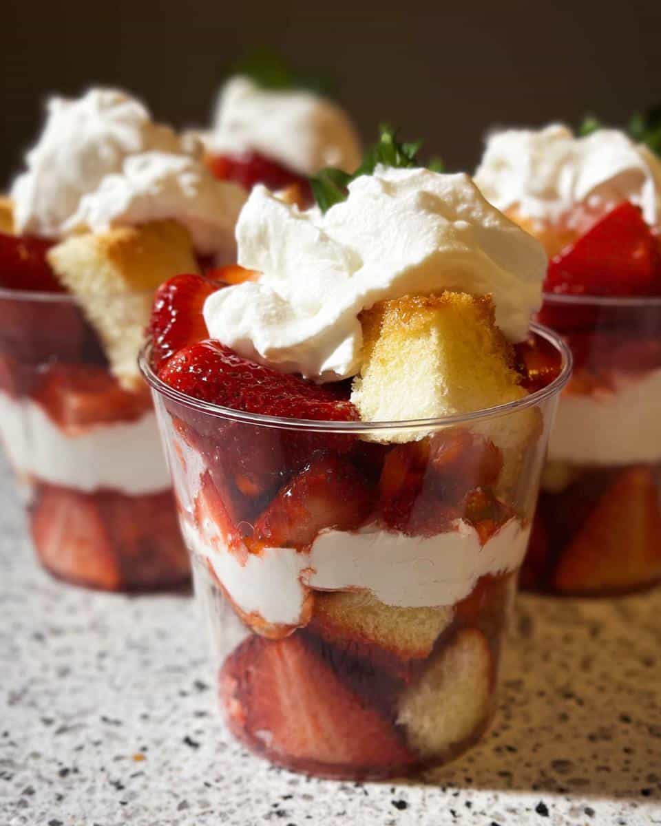 Close-up of individual Strawberry Shortcake Trifle Cups layered with cake, macerated strawberries, and whipped cream.