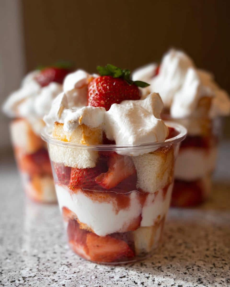 A close-up of a layered Strawberry Shortcake Trifle Cup topped with whipped cream and a fresh strawberry.
