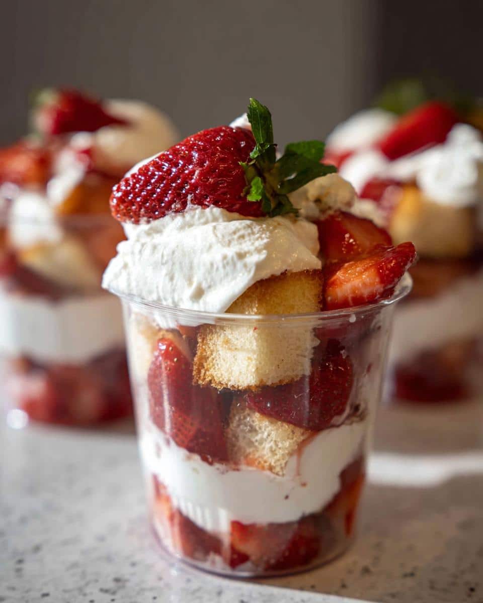 Close-up of a single serving Strawberry Shortcake Trifle Cup layered with cake, strawberries, and whipped cream.