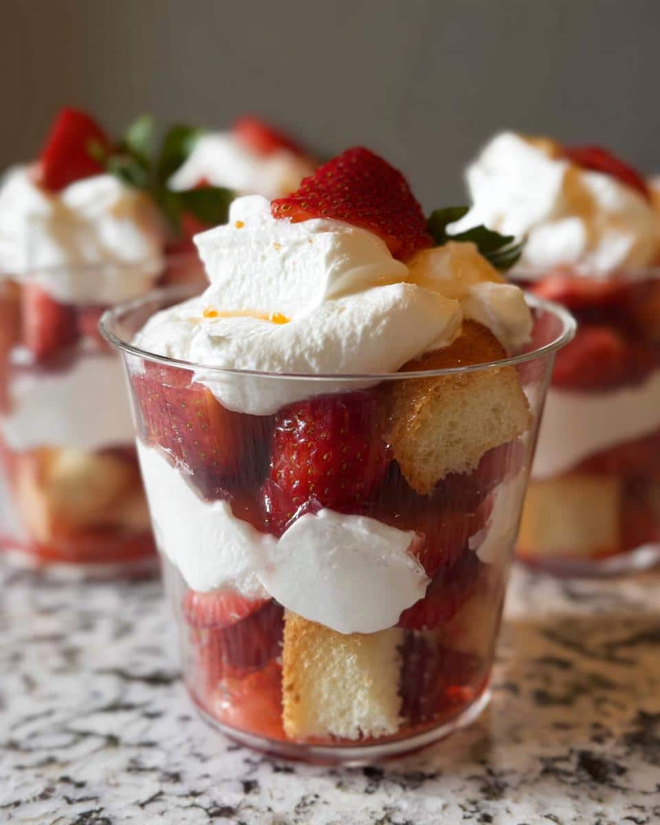 A close-up of a layered Strawberry Shortcake Trifle Cup topped with whipped cream and a fresh strawberry slice.