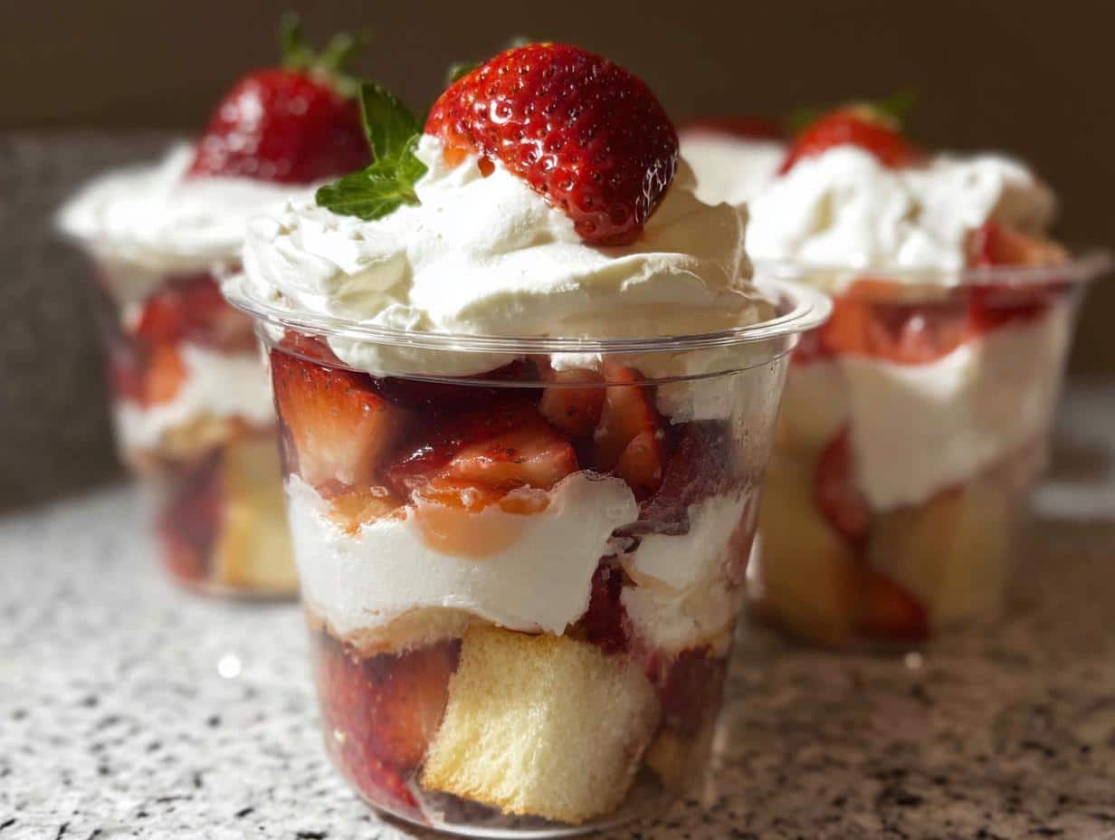 Three individual Strawberry Shortcake Trifle Cups layered with cake, strawberries, and whipped cream, topped with a fresh strawberry.