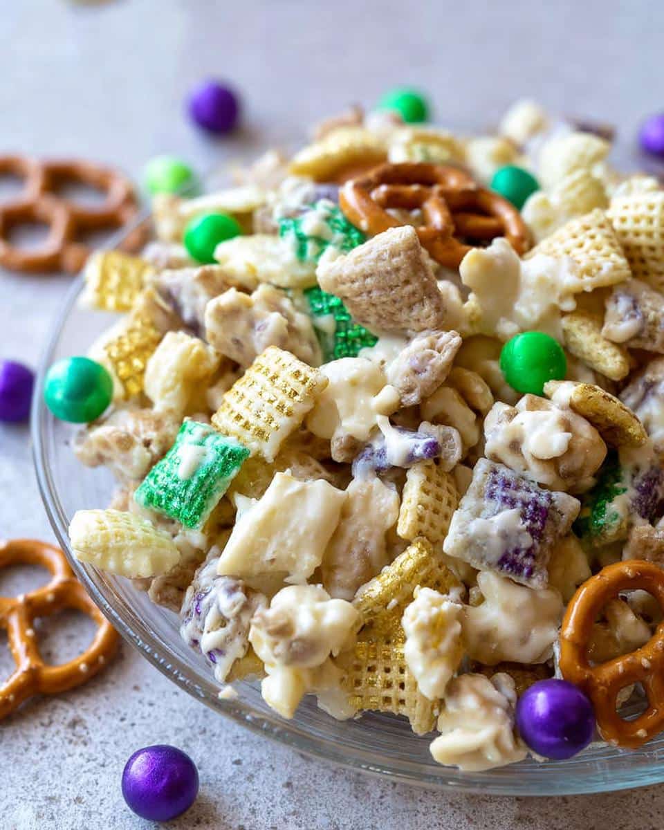 Close-up of a sweet Mardi Gras Snack Mix featuring white chocolate coating, cereal pieces, pretzels, and purple, green, and gold candies.