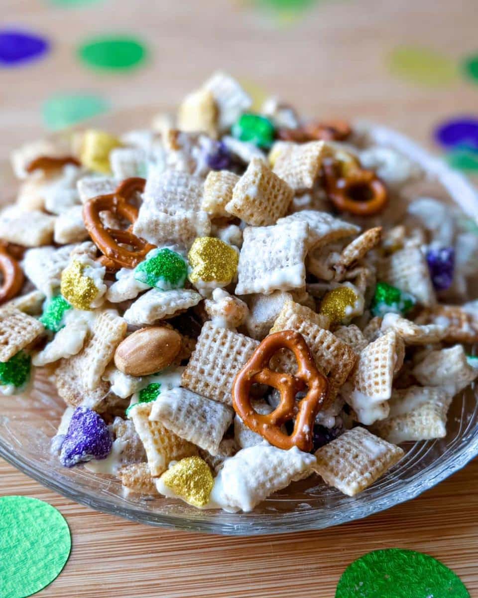 Close-up of a bowl filled with Mardi Gras Snack Mix featuring white-coated cereal, pretzels, peanuts, and colorful gold, green, and purple sugar candies.