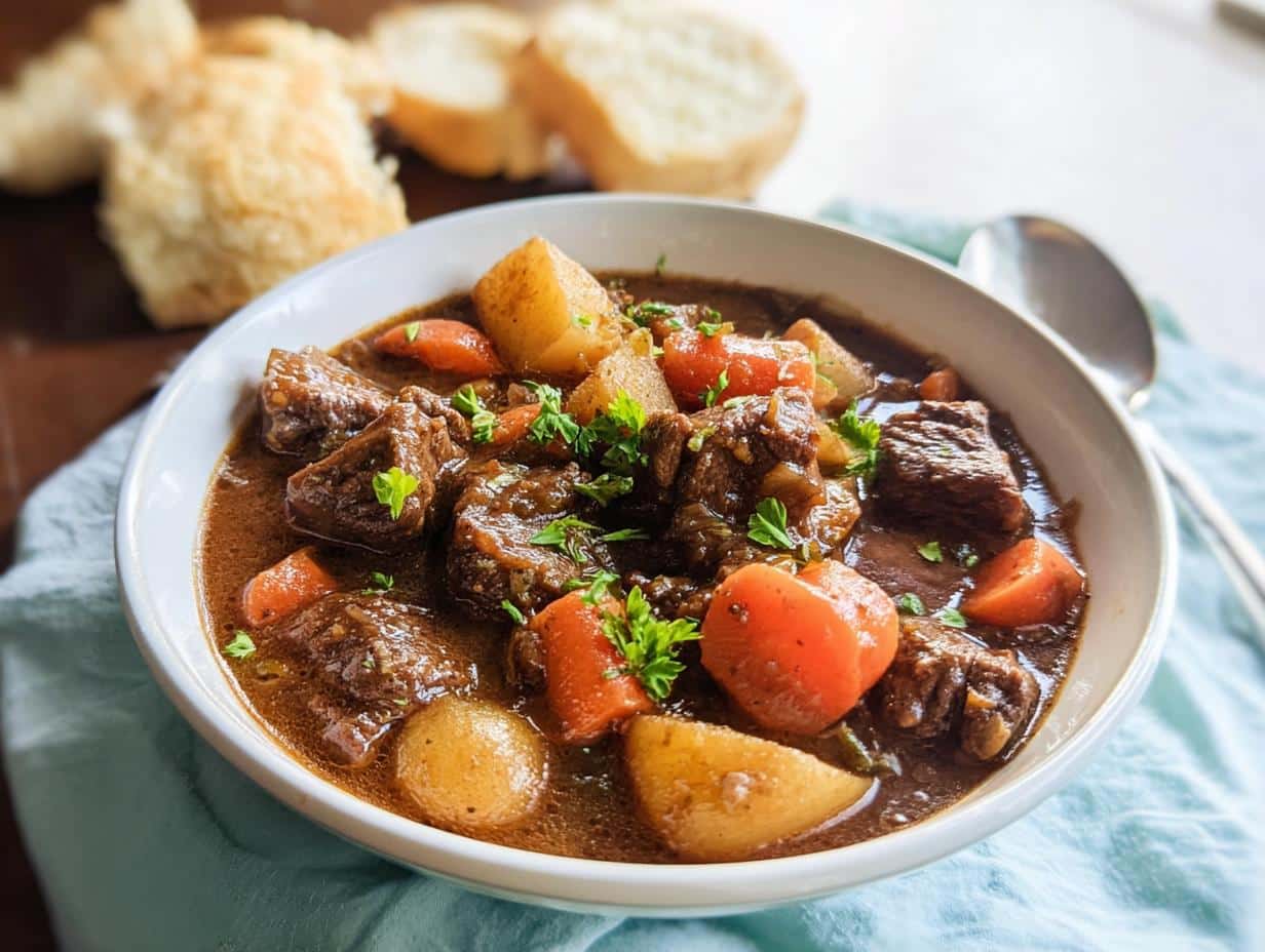 Close-up of a white bowl filled with rich, dark Thick Beef Stew featuring chunks of beef, carrots, and potatoes, garnished with parsley.