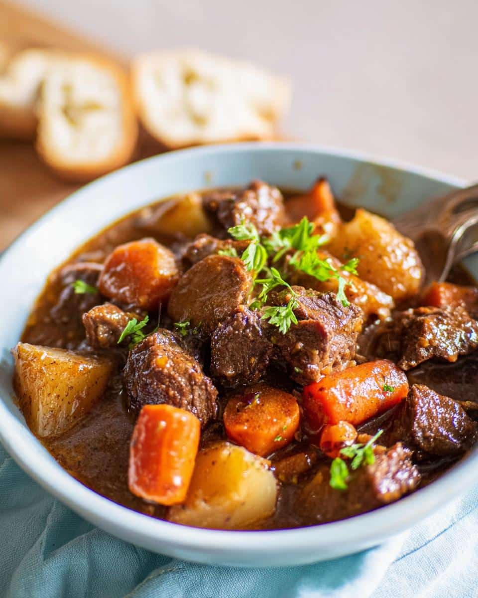 Close-up of a bowl filled with rich, dark Thick Beef Stew featuring tender chunks of beef, carrots, and potatoes, garnished with parsley.