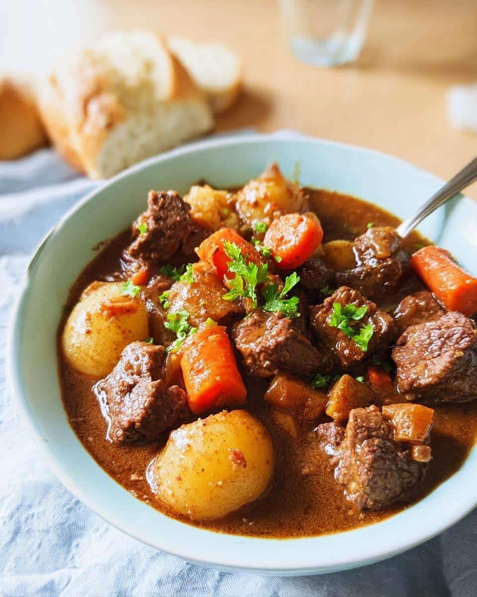 A close-up of a bowl of rich, Thick Beef Stew featuring chunks of beef, potatoes, and carrots, garnished with parsley.