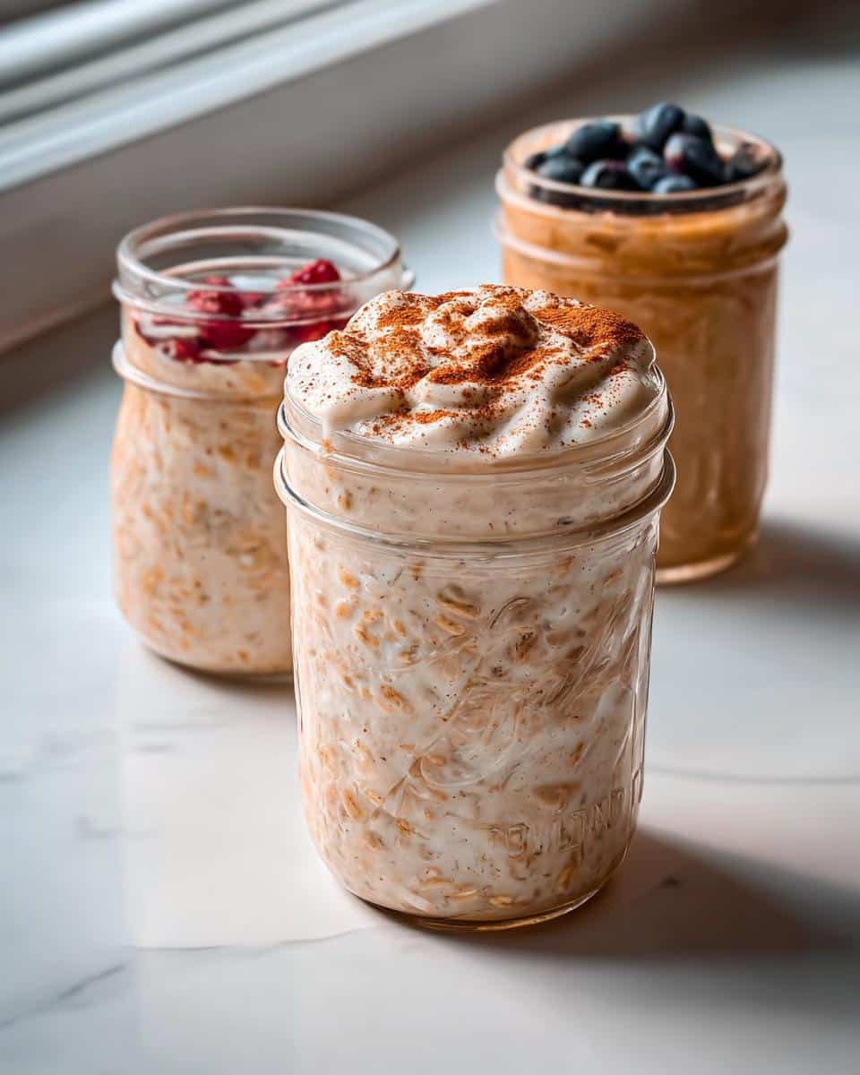 Three jars of creamy No-Fruit Creamy Overnight Oats variations, one topped with cinnamon, one with raspberries, and one with blueberries.