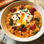 A bowl of savory Tomato Basil Overnight Oats topped with a runny poached egg, roasted tomatoes, and fresh basil.
