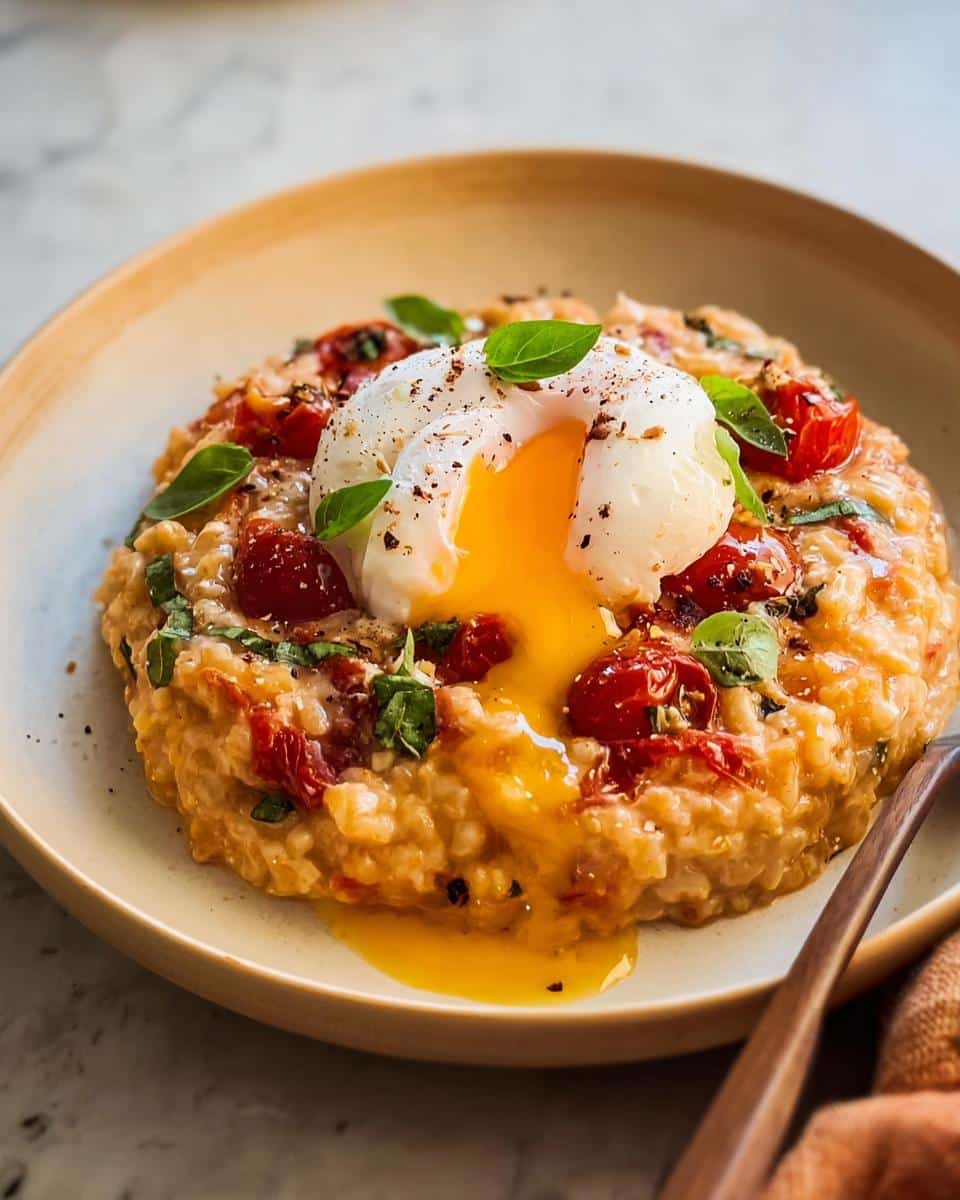 Savory Tomato Basil Overnight Oats topped with a runny poached egg, cherry tomatoes, and fresh basil leaves.