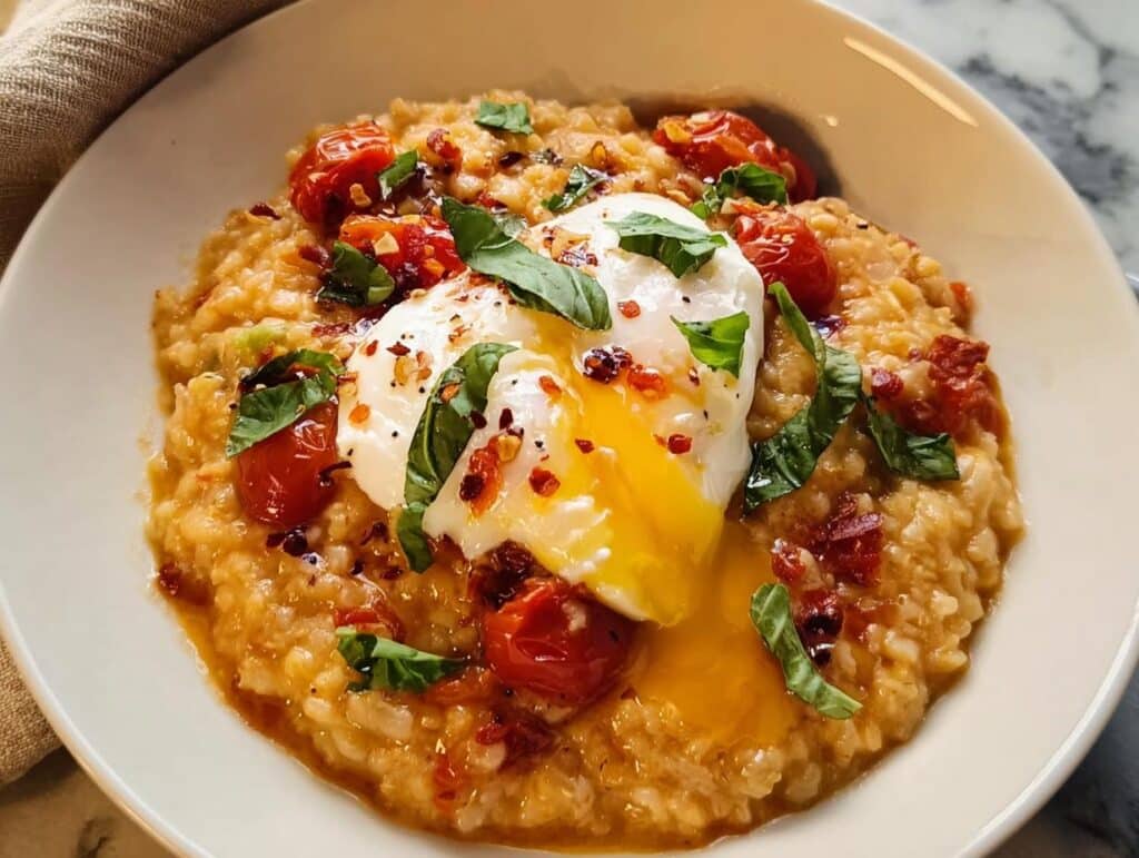 Savory Tomato Basil Overnight Oats topped with a runny poached egg, roasted tomatoes, and fresh basil.