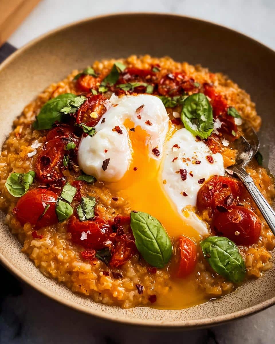 Savory Tomato Basil Overnight Oats topped with a runny poached egg, roasted tomatoes, and fresh basil.