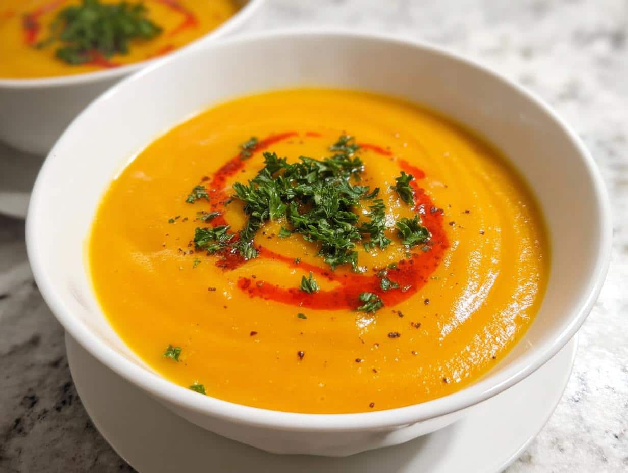 Close-up of a vibrant orange Turmeric Vegetable Soup garnished with fresh parsley and a swirl of red oil.