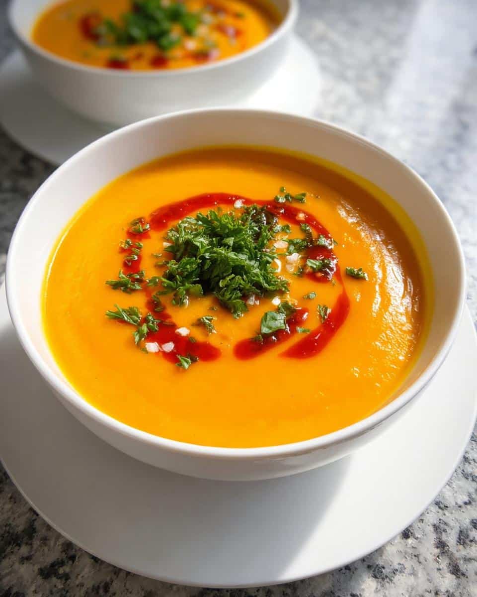 Close-up of vibrant orange Turmeric Vegetable Soup garnished with parsley, chili oil swirls, and salt flakes.