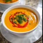 A close-up of bright orange Turmeric Vegetable Soup garnished with a swirl of red oil and fresh parsley.