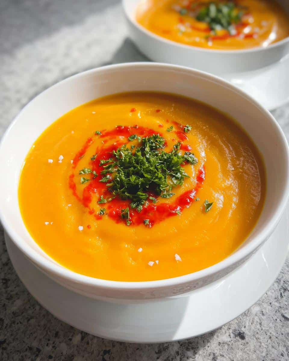Close-up of a vibrant orange Turmeric Vegetable Soup, garnished with a swirl of red sauce and fresh parsley.