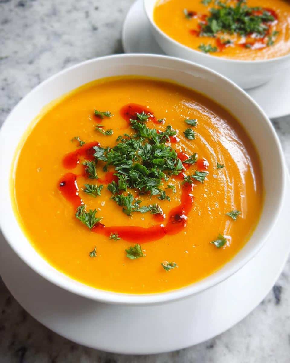 Close-up of a bowl of bright orange Turmeric Vegetable Soup, topped with fresh parsley and a swirl of red chili oil.