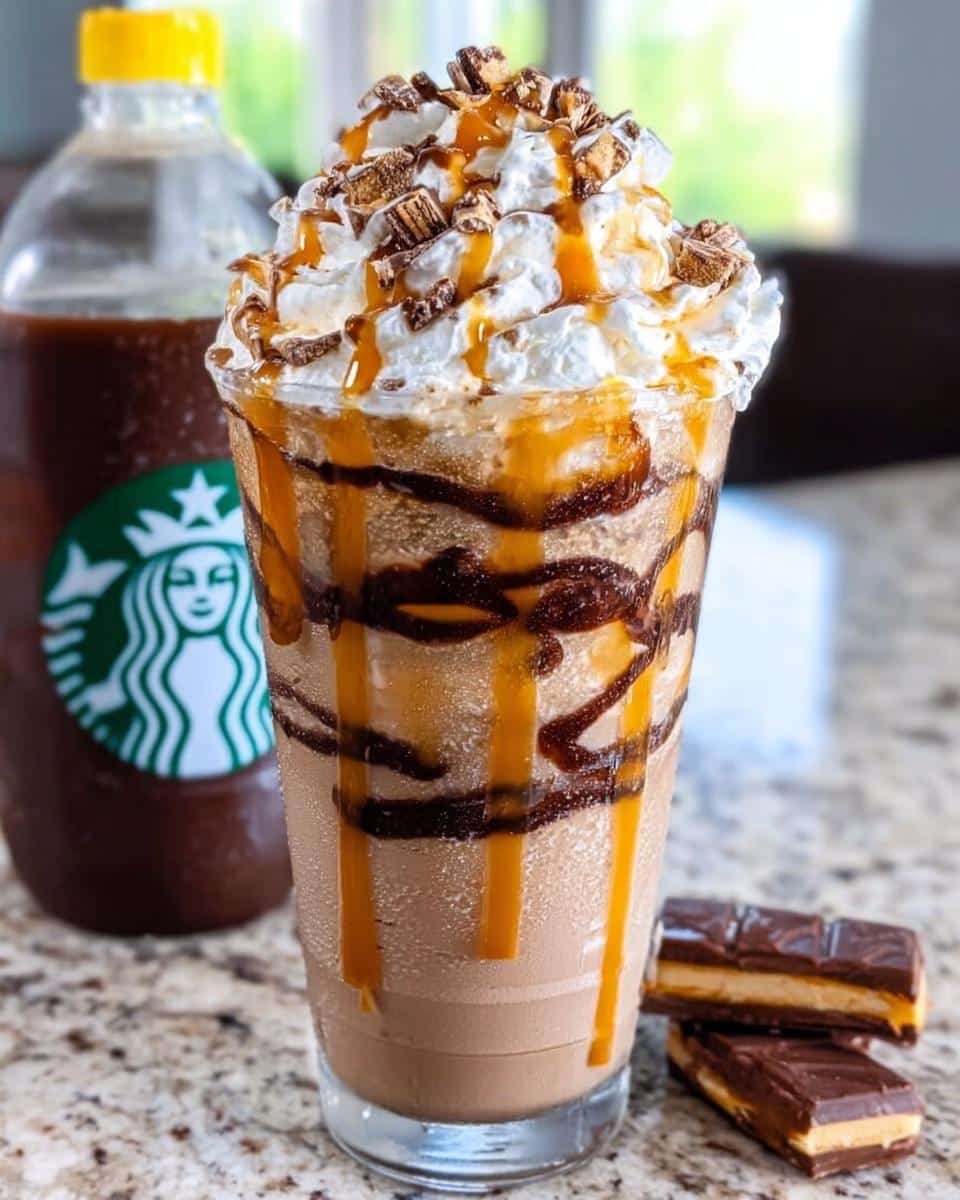 A tall, blended Twix Frappuccino Copycat topped with whipped cream, caramel, and candy pieces, next to Twix bars.