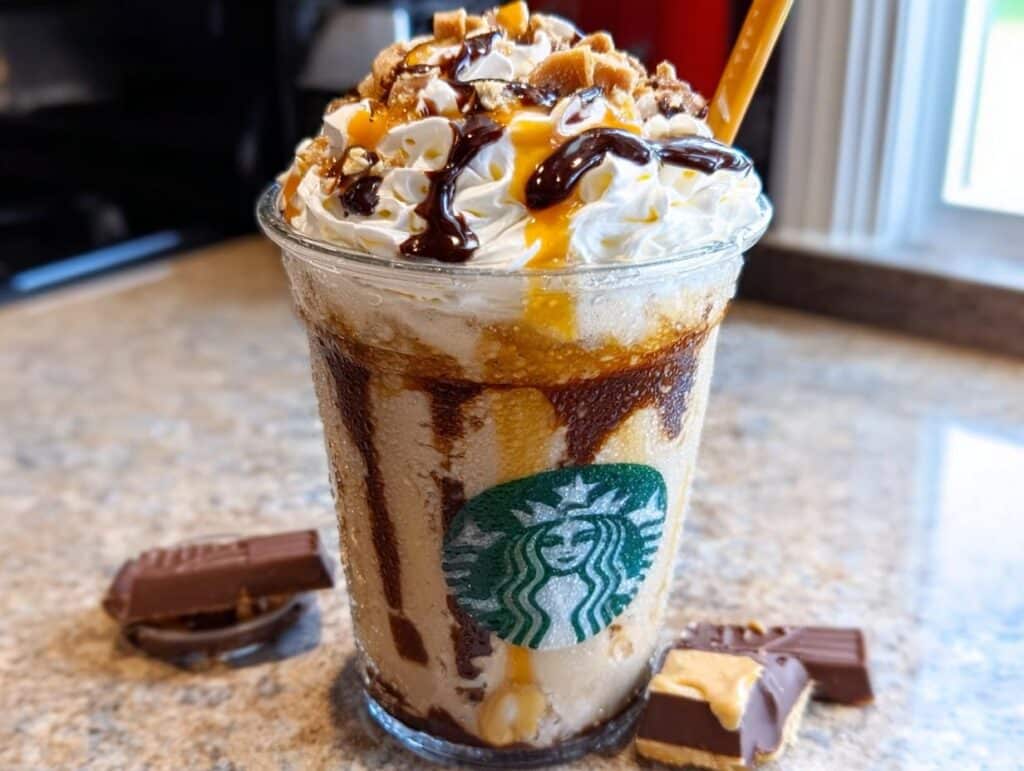 A tall, icy Twix Frappuccino Copycat in a clear cup, topped with whipped cream, caramel, chocolate drizzle, and candy pieces.