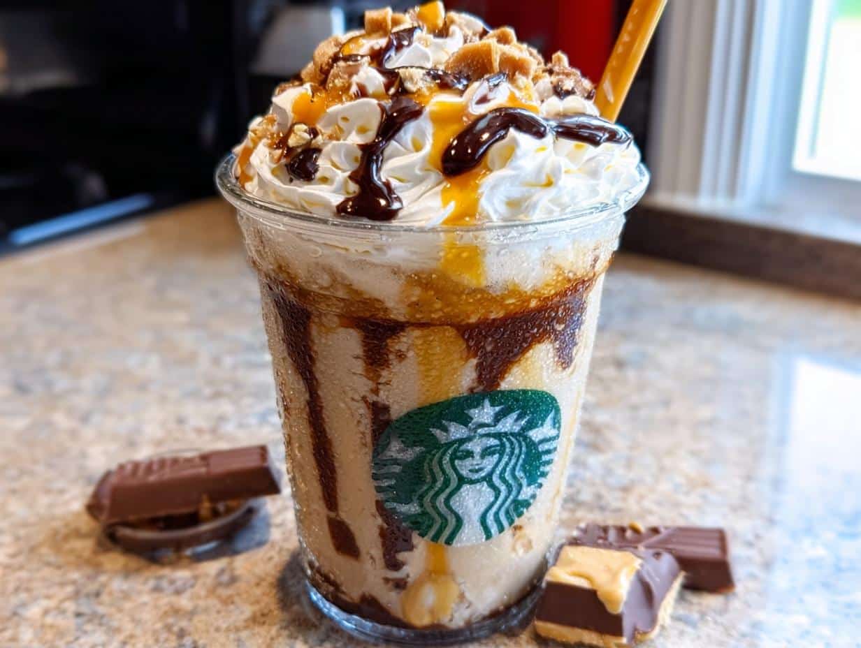 A tall, icy Twix Frappuccino Copycat in a clear cup, topped with whipped cream, caramel, chocolate drizzle, and candy pieces.