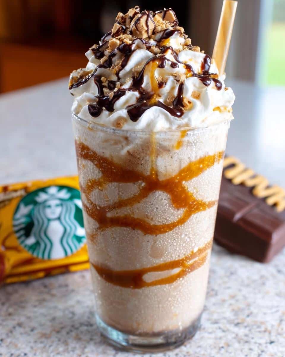 A tall glass of a blended Twix Frappuccino Copycat topped with whipped cream, chocolate, caramel, and crushed nuts.