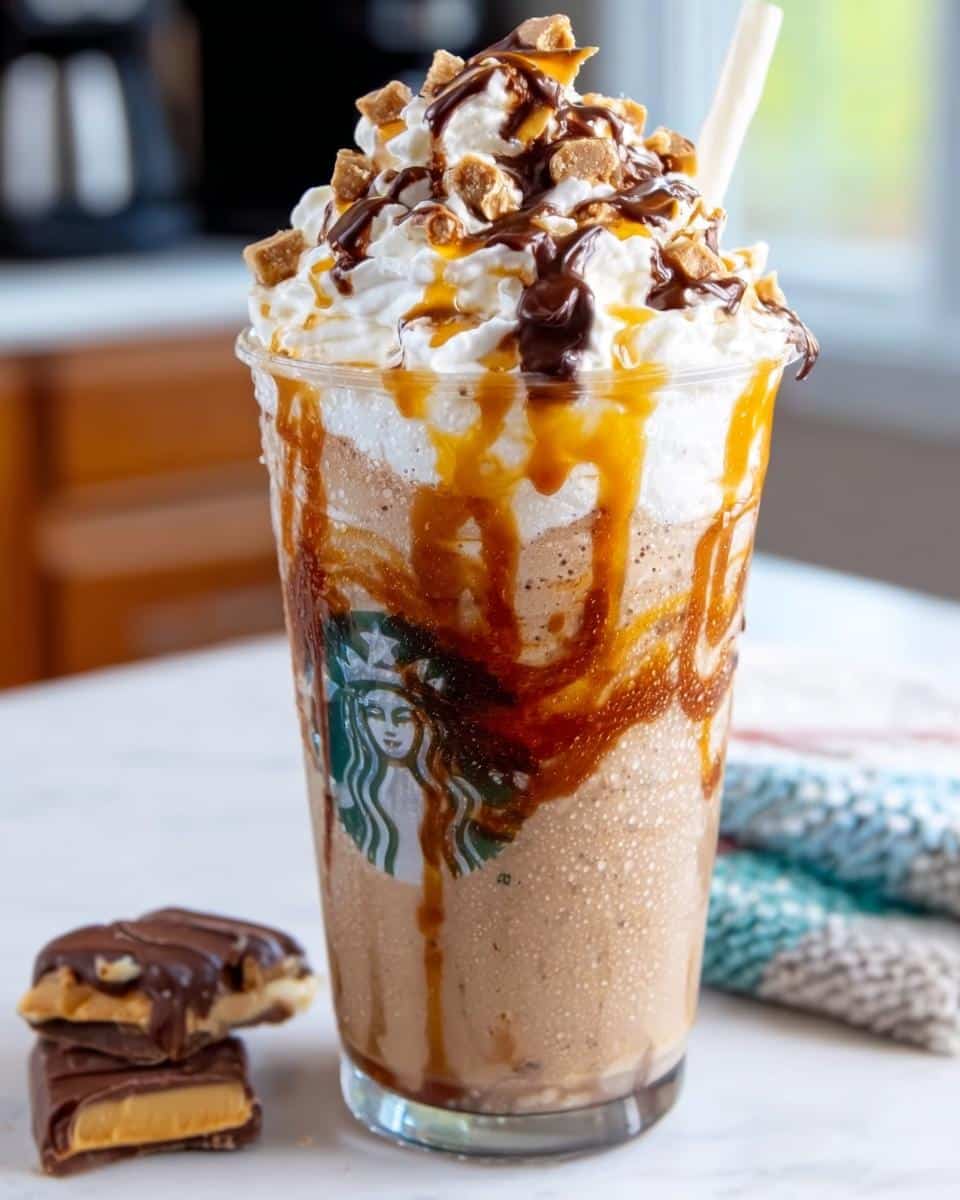 A tall, blended Twix Frappuccino Copycat in a clear cup, topped with whipped cream, caramel, chocolate drizzle, and candy pieces.