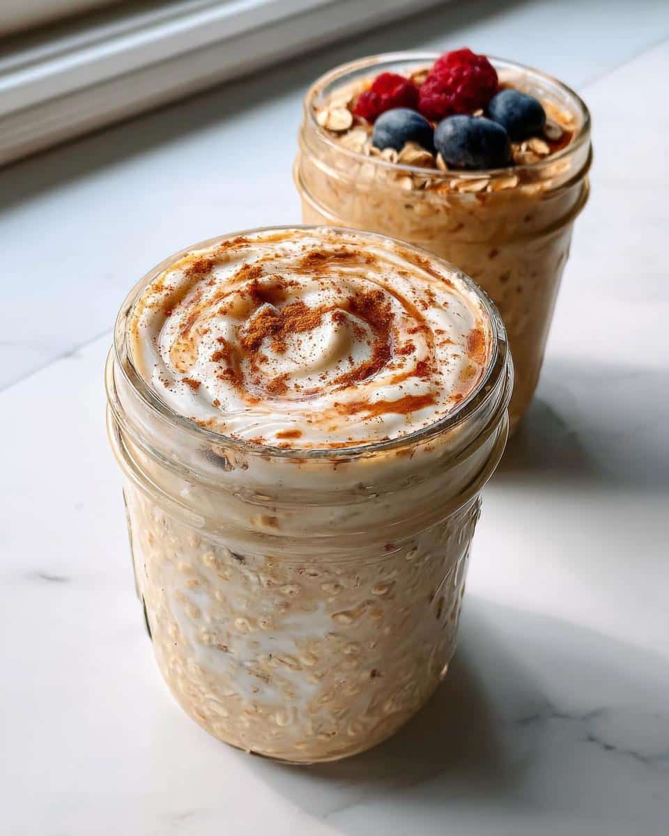 Two jars of No-Fruit Creamy Overnight Oats; one topped with cinnamon swirl, the other with berries.
