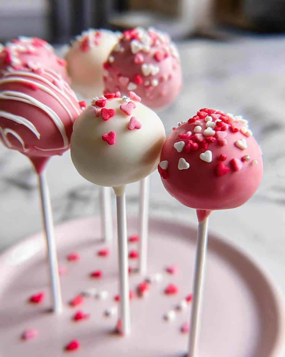 A close-up of several pink and white Valentine Cake Pops decorated with heart sprinkles, standing on a light pink plate.