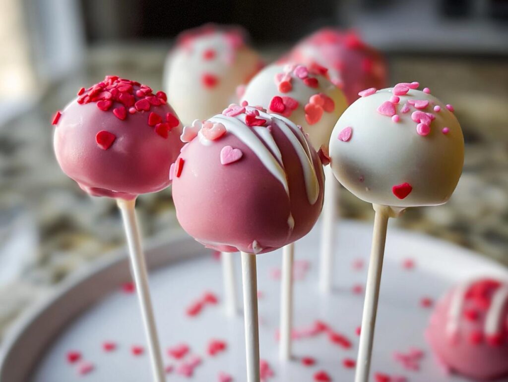A close-up of several pink and white Valentine Cake Pops decorated with heart sprinkles.