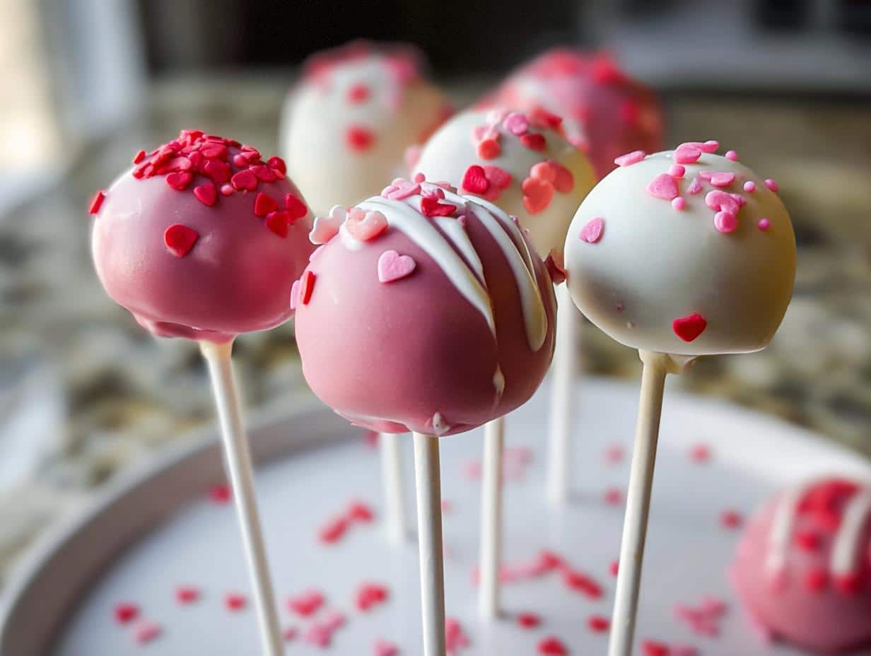 A close-up of several pink and white Valentine Cake Pops decorated with heart sprinkles.