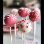 Several beautifully decorated Valentine Cake Pops, dipped in pink and white chocolate and covered in heart sprinkles.