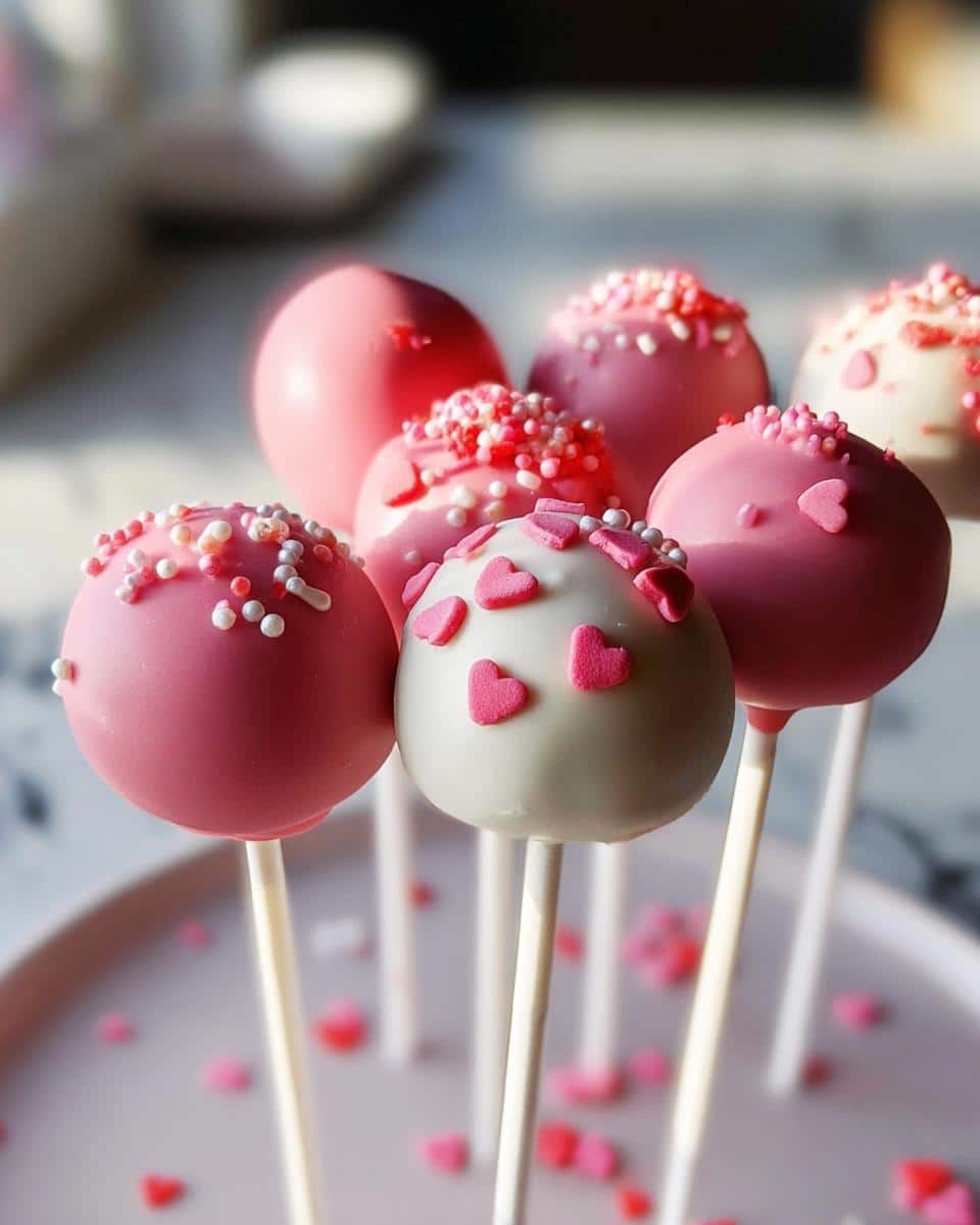 A group of beautifully decorated pink and white Valentine Cake Pops covered in sprinkles and heart candies.